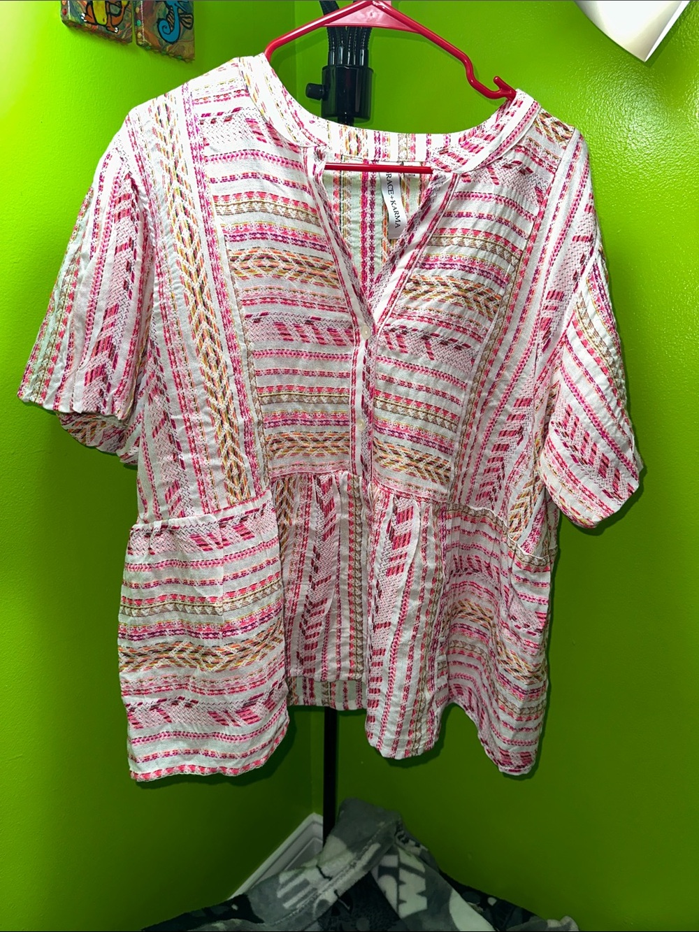 Bohemian Pink Striped V-Neck Tunic Top beachy feminine vibes neon thread